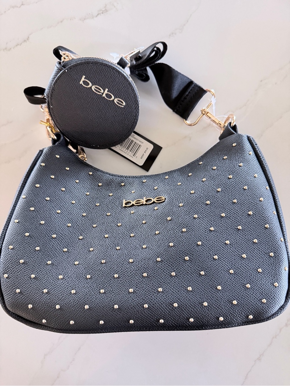 bebe Black Studded Shoulder Bag with Coin Pouch